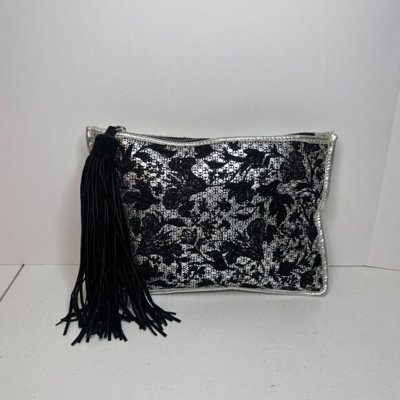 Sam Edelman Alia Lace Floral Leather Clutch Bag Designer Silver Black Tassel - Picture 1 of 10